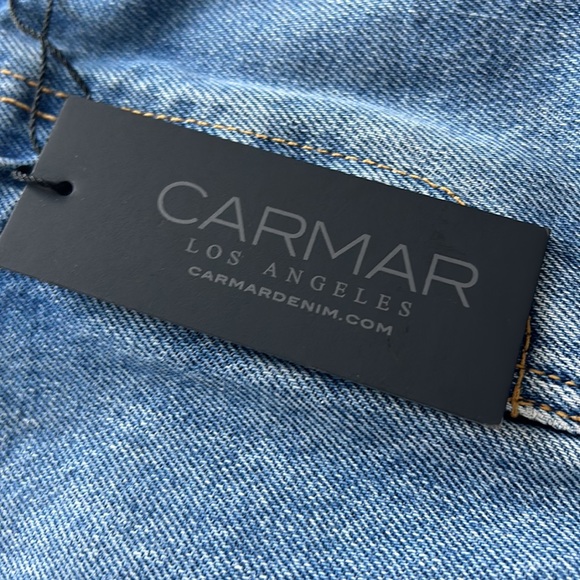 jean skirt with red stars with black and white outline, fringy on the bottom - Picture 6 of 6